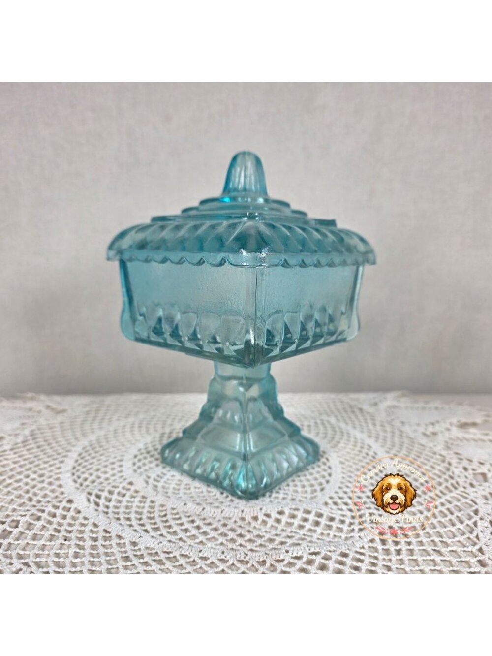 Vintage Jeannette Glass Turquoise Blue Flash Pedestal Candy Dish with Lid Square